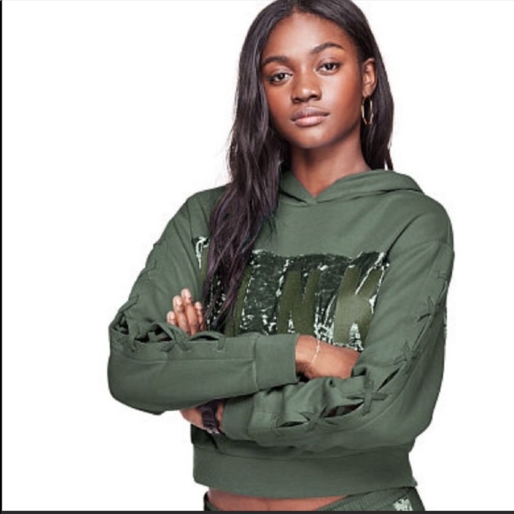 Velour Green PINK Crop Hoodie